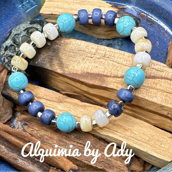 White agate turquoise lapis Lazuli beaded silver bangle bracelet beaded handmade - Picture 1 of 6